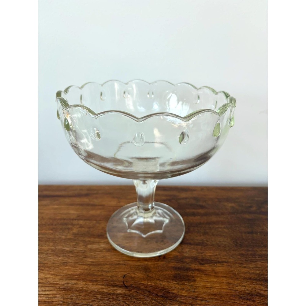 Vintage Clear Glass Pedestal Bowl Scalloped Edge Thumbprint Footed Compote Dish